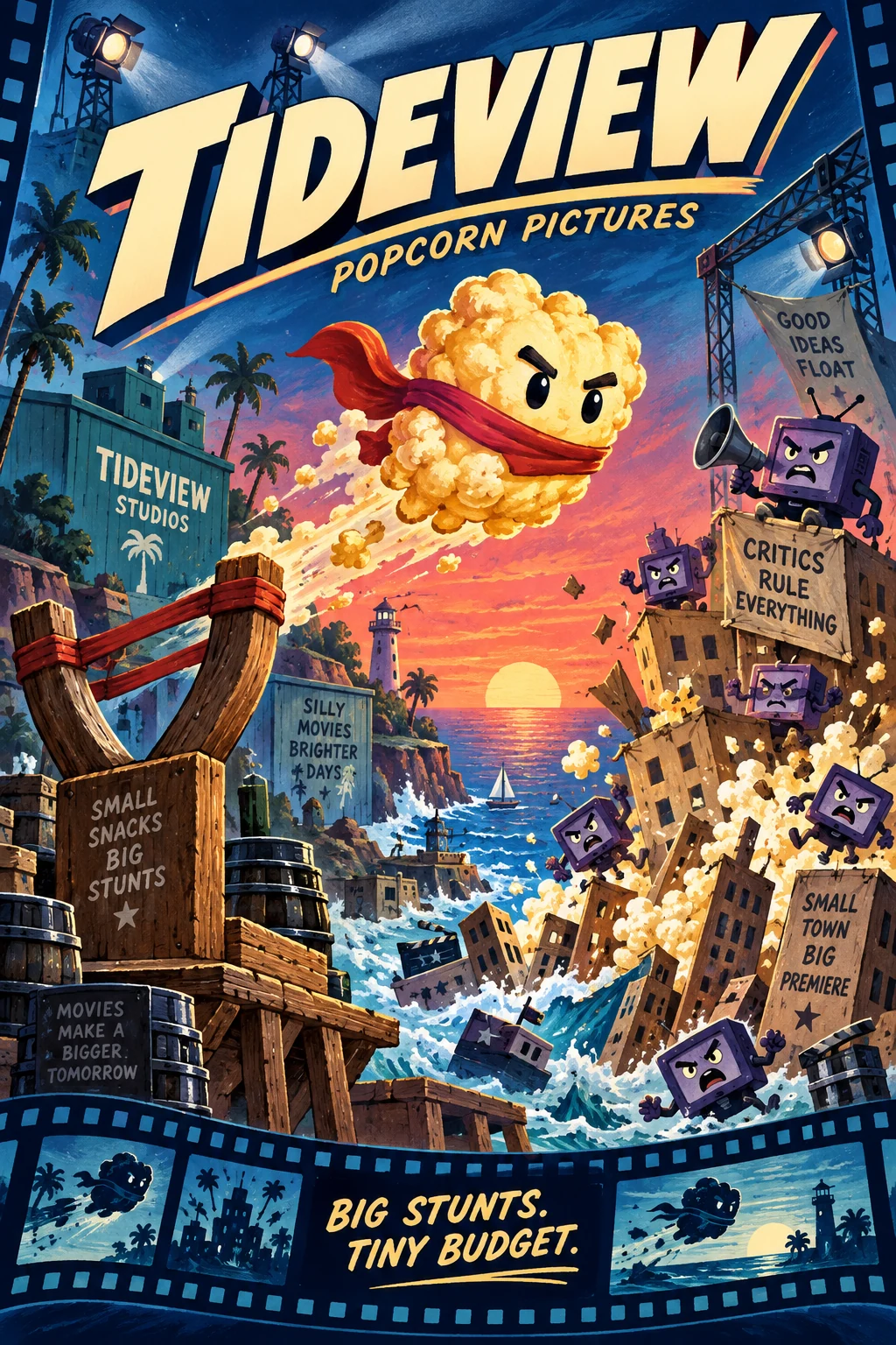 TideView Popcorn Pictures cover art: a stunt popcorn kernel launches through a chaotic movie set