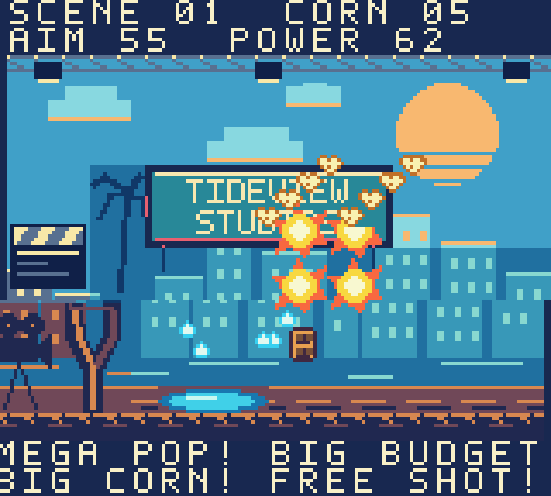 Actual gameplay: a mega popcorn explosion scatters kernels, falling props and spilled soda