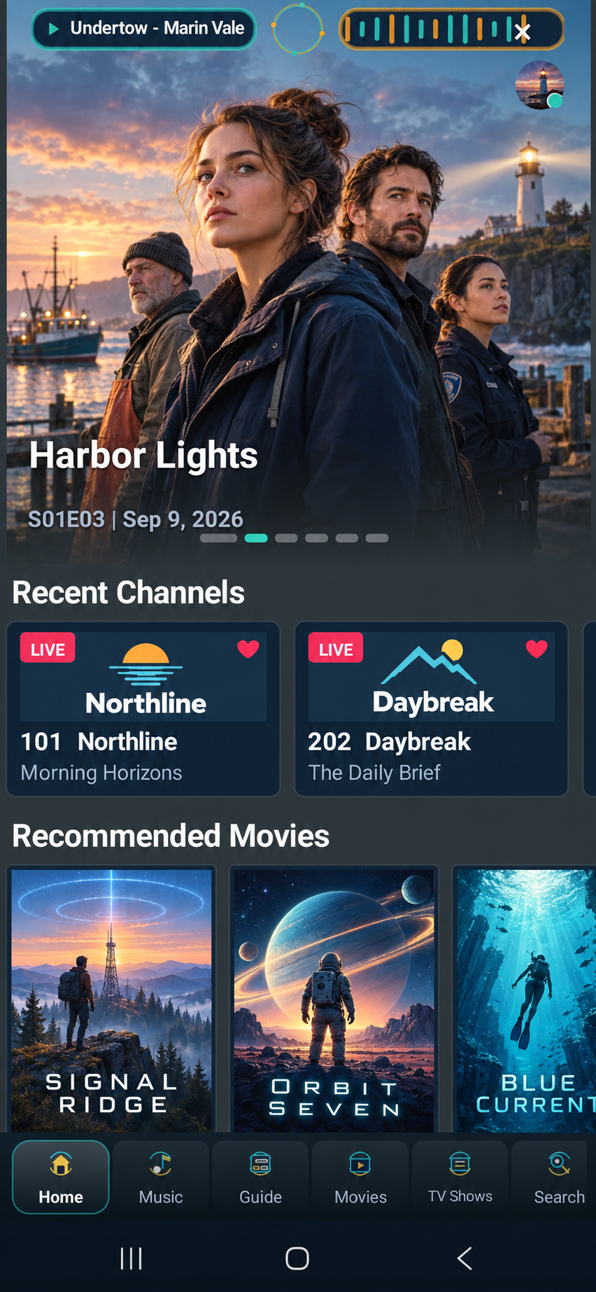TideView Android mobile layout with fictional music, channels and movies
