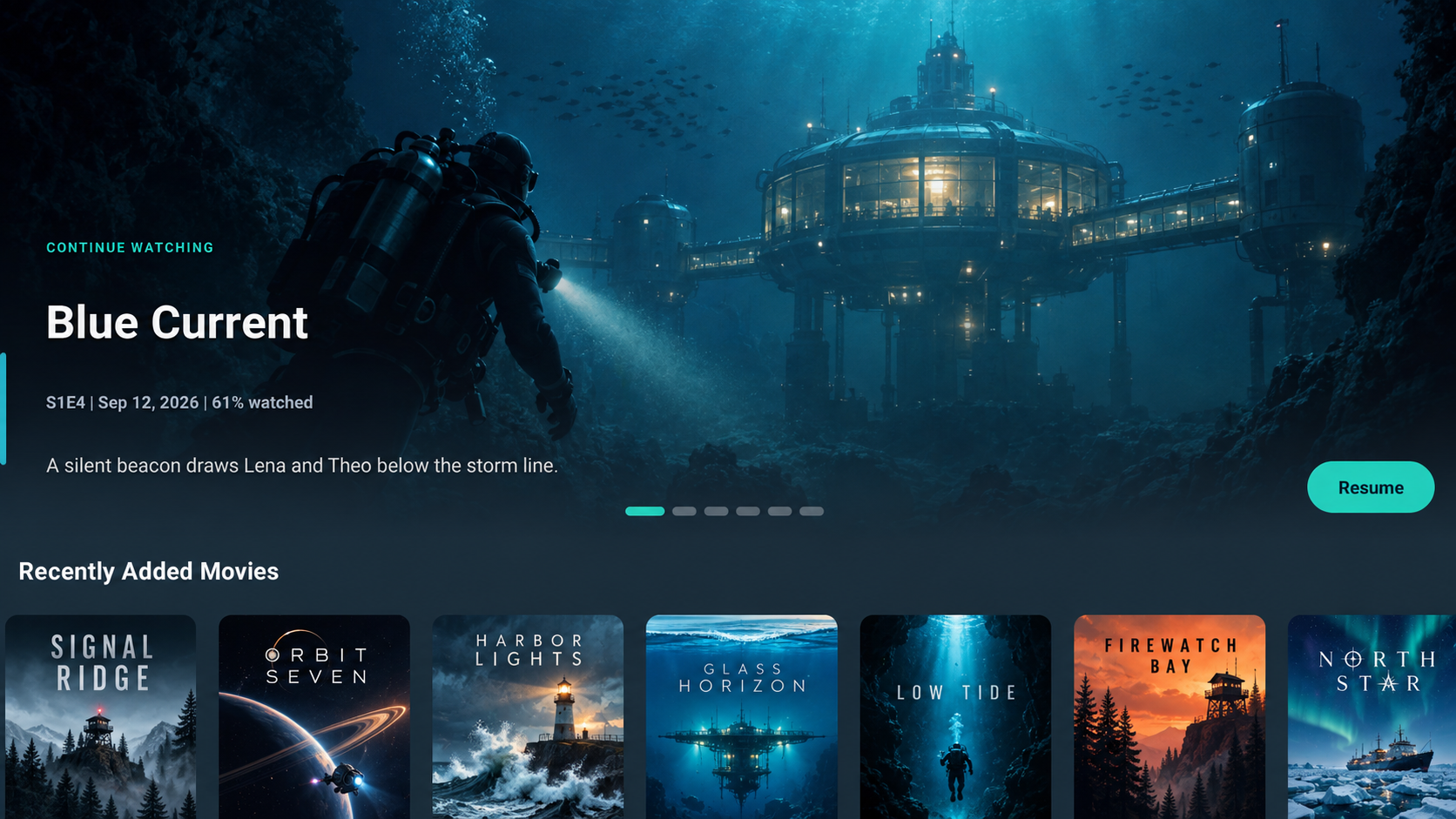 TideView Android TV home layout showing the fictional Blue Current series and fictional movies
