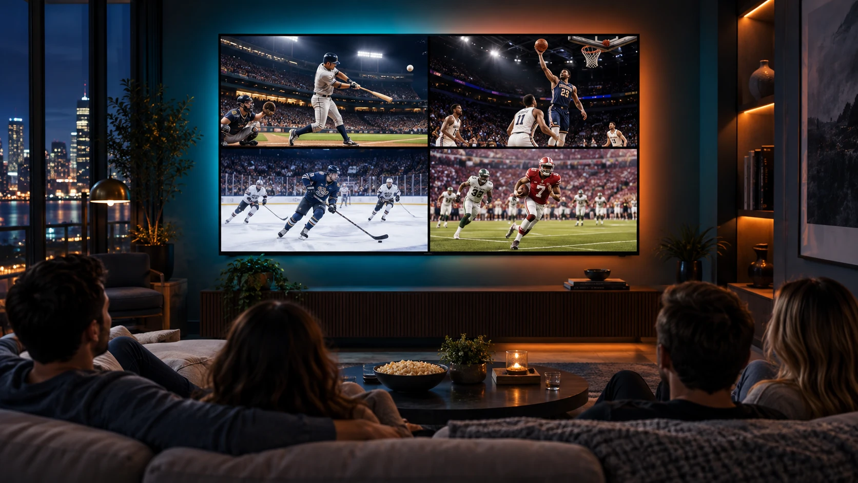 A living-room television displaying four fictional sports games at once