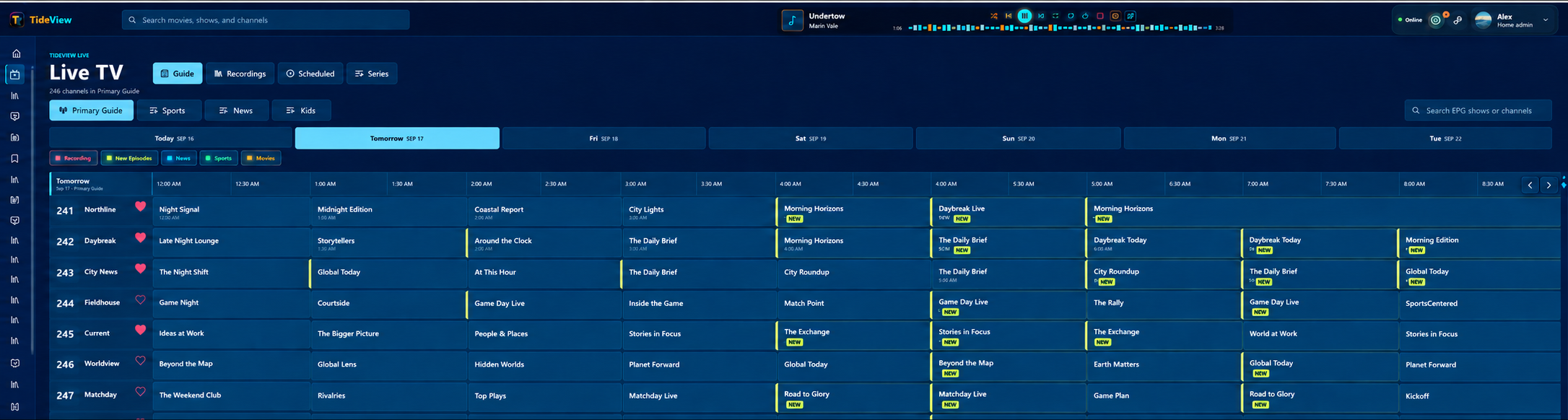 Edited TideView PC Live TV guide with 246 fictional channels and programs