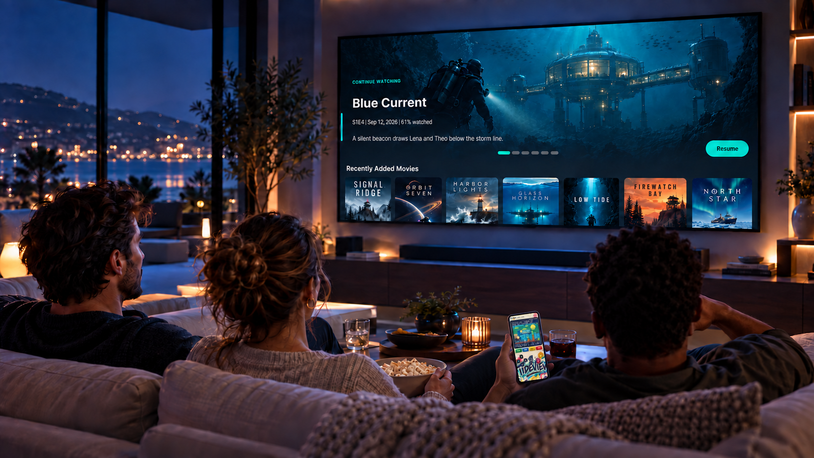 Friends relaxing in a modern living room while watching TideView on a large television