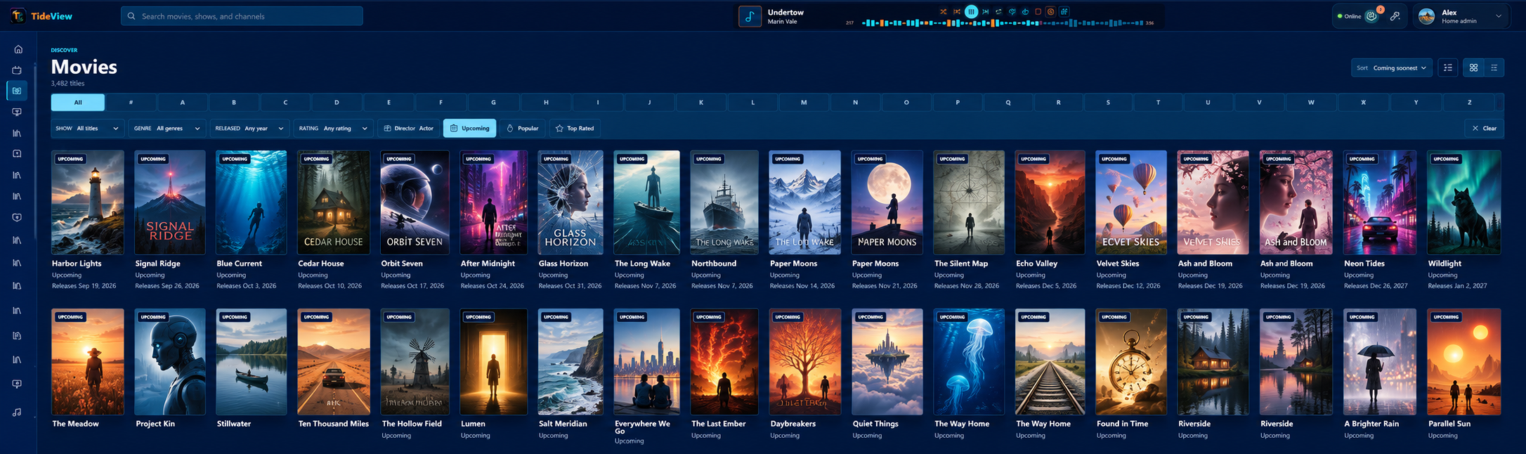 Edited TideView Movies discovery screen with a fictional catalog