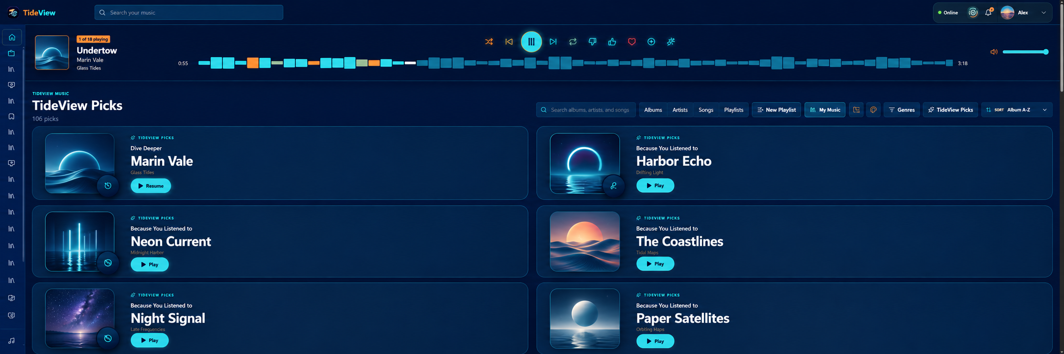 Edited TideView PC TideShift Music screen with fictional artists and albums