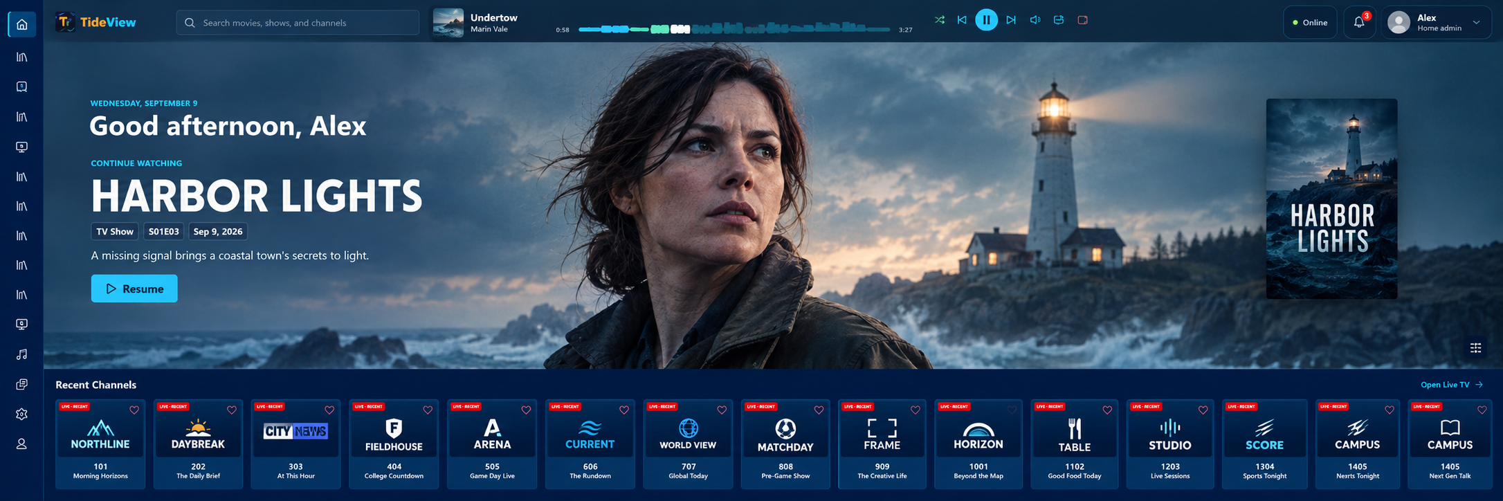 Edited TideView PC home screenshot with the mini music player, large hero and recent channels