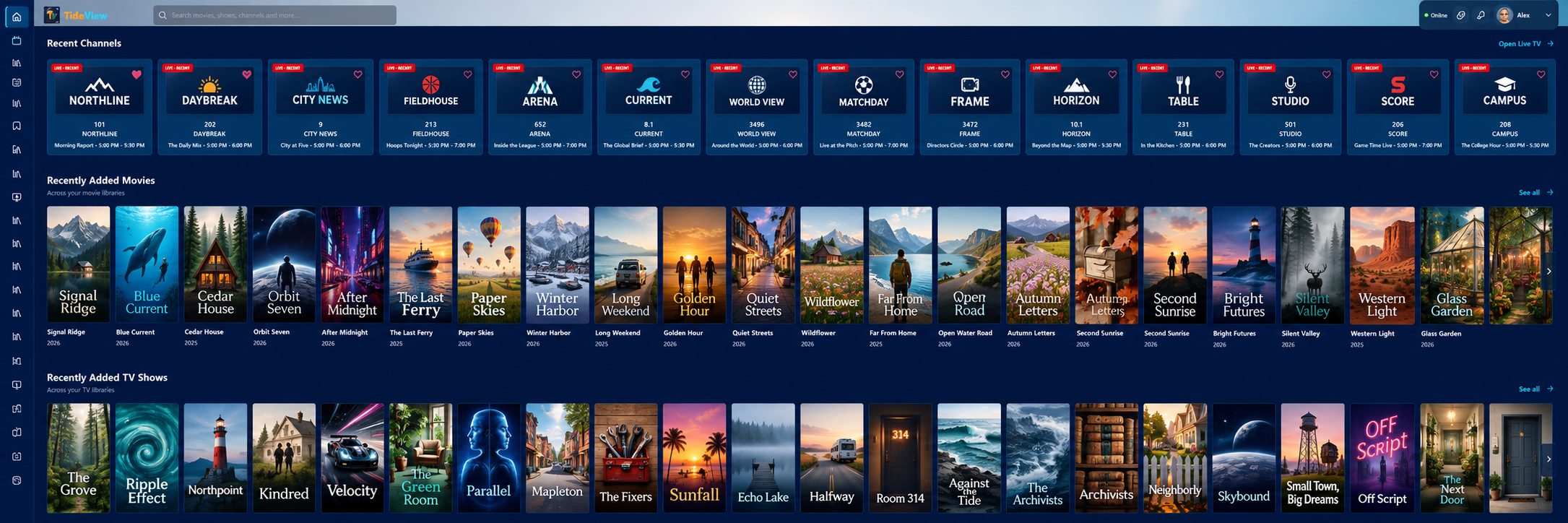 Edited TideView PC library screenshot showing recent channels, recently added movies and TV shows with fictional content