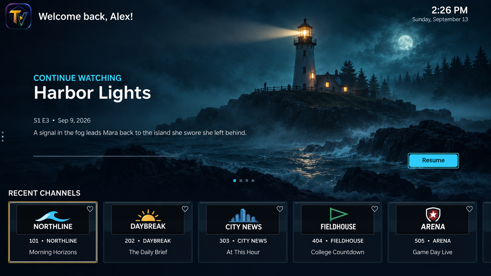 TideView Roku home layout showing the fictional Harbor Lights series and fictional recent channels