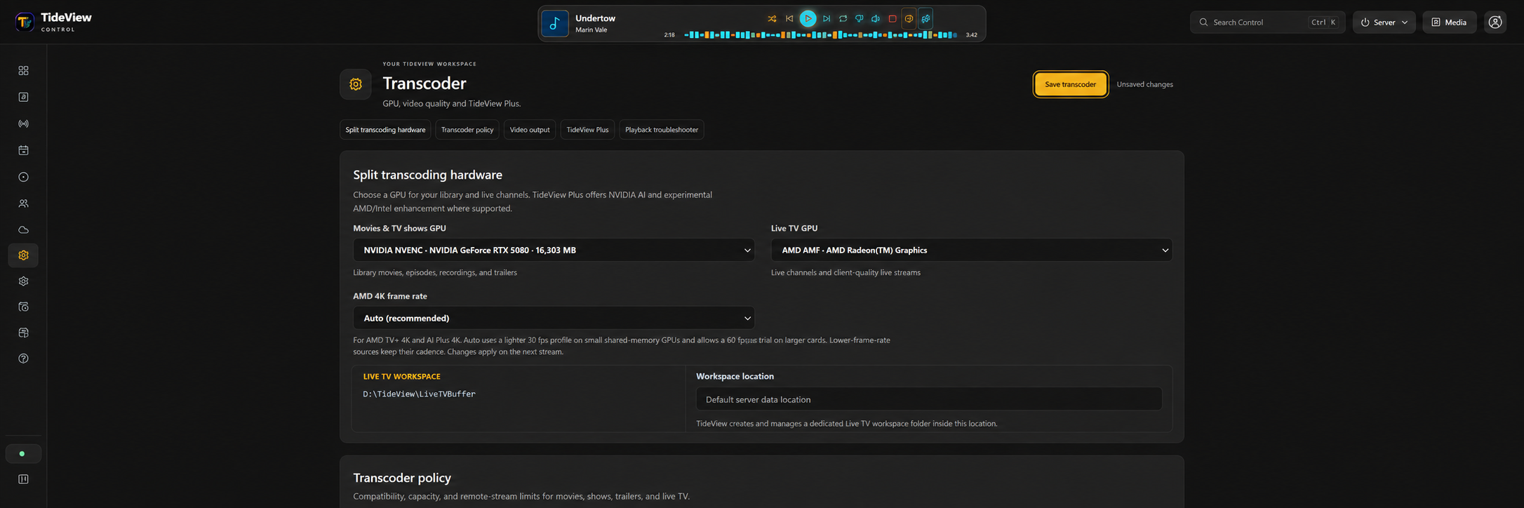 Edited TideView Control split GPU transcoding screen using NVIDIA for the library and AMD for Live TV