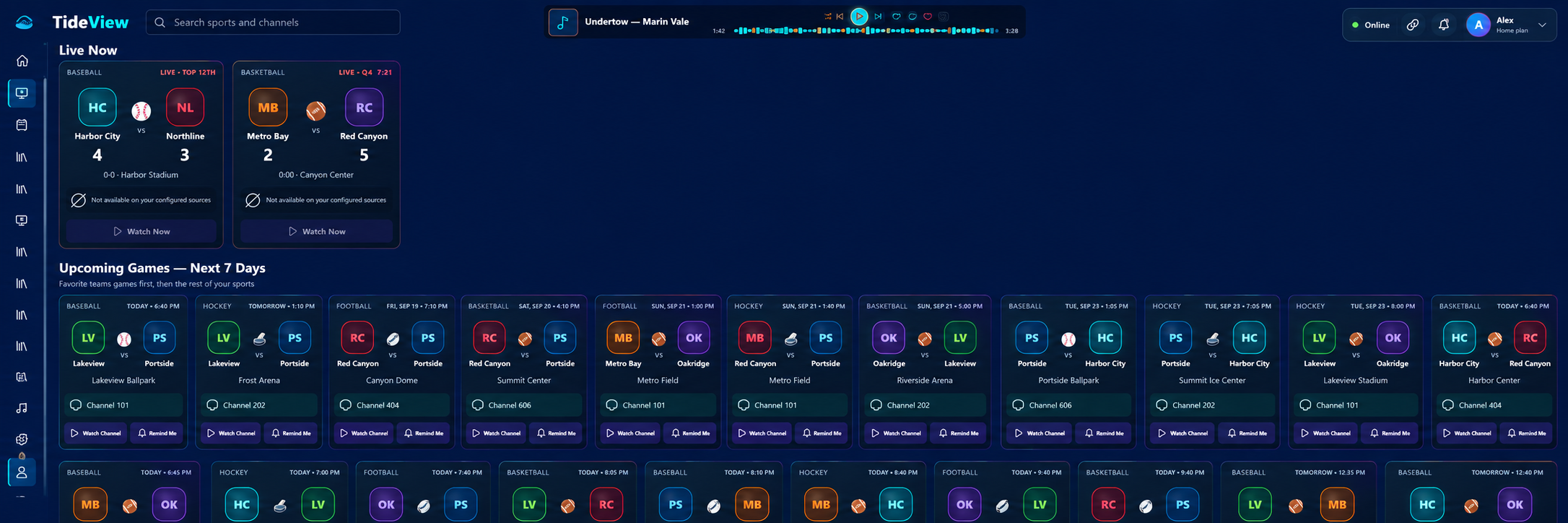 Edited TideView Sports tab with fictional teams, games and channels