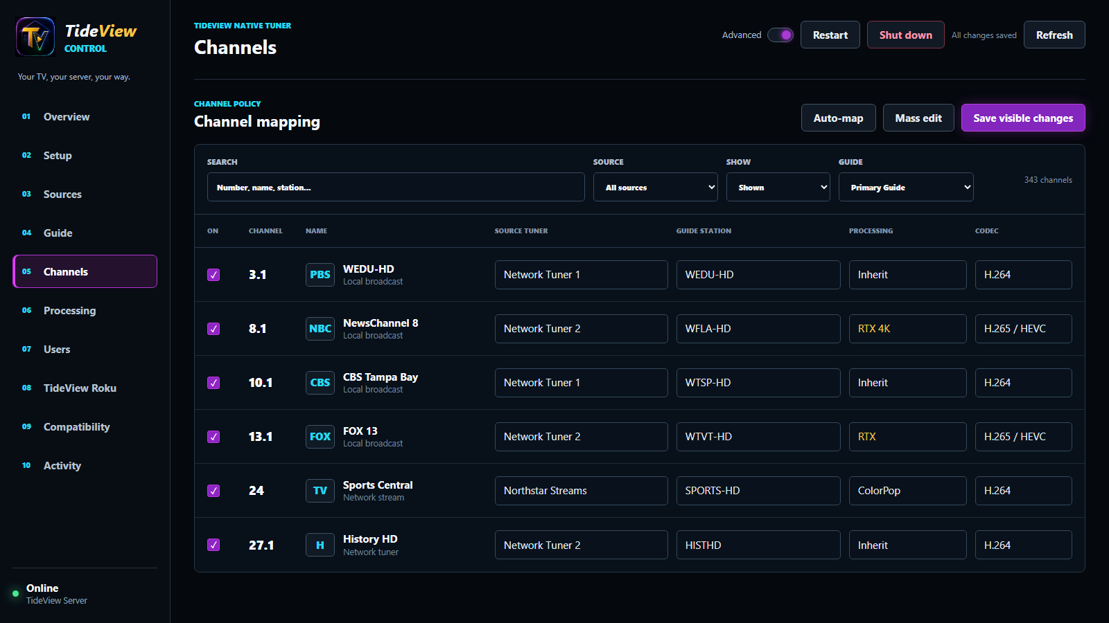 TideView Control channel mapping screen with source, guide, processing, and codec controls